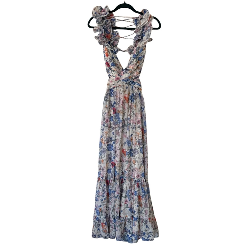 NWT Sunfere Floral Cut Out Maxi Dress Size Medium Lace Up Back Ruffles Flowy - Picture 2 of 14